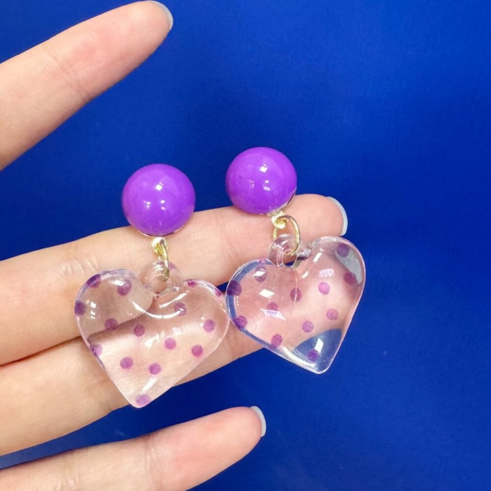 Purple Polka Dot Transparent Puffed Heart Earrings